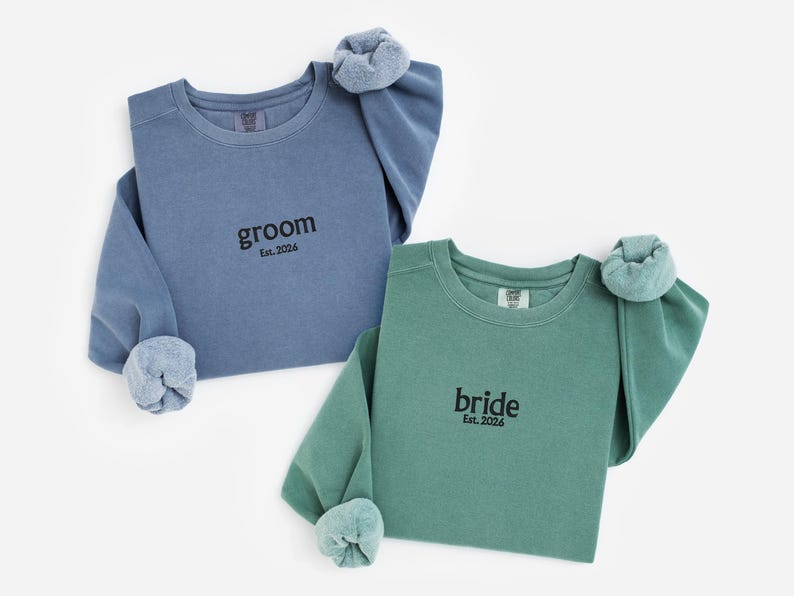 Comfort Colors® Custom Embroidery Bride & Groom EST Shirt,Est Year Wedding Shirt,Matching Bride Groom Tee,Newlywed Outfit,Engagement Gift