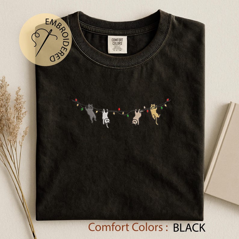 Cats Christmas Embroidered T-shirt - Cute Xmas Comfort Colors Tee - Cat Lover Gift