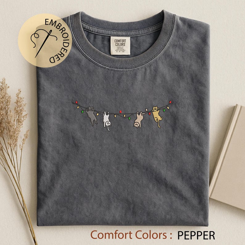 Cats Christmas Embroidered T-shirt - Cute Xmas Comfort Colors Tee - Cat Lover Gift