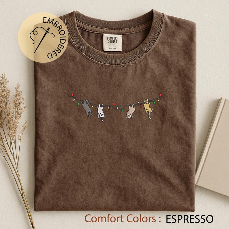 Cats Christmas Embroidered T-shirt - Cute Xmas Comfort Colors Tee - Cat Lover Gift
