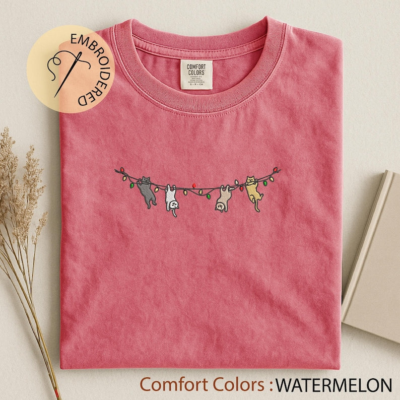 Cats Christmas Embroidered T-shirt - Cute Xmas Comfort Colors Tee - Cat Lover Gift