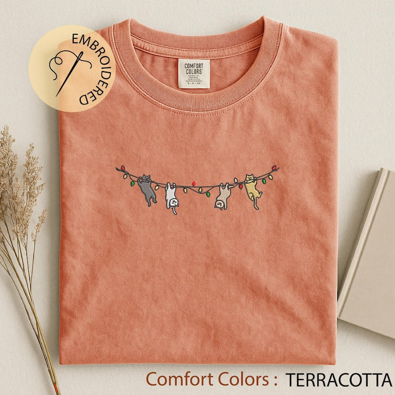 Cats Christmas Embroidered T-shirt - Cute Xmas Comfort Colors Tee - Cat Lover Gift
