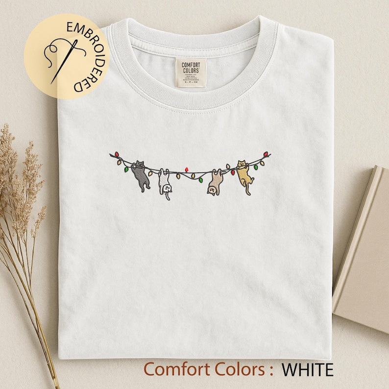 Cats Christmas Embroidered T-shirt - Cute Xmas Comfort Colors Tee - Cat Lover Gift