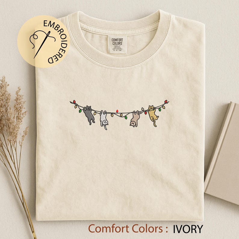 Cats Christmas Embroidered T-shirt - Cute Xmas Comfort Colors Tee - Cat Lover Gift