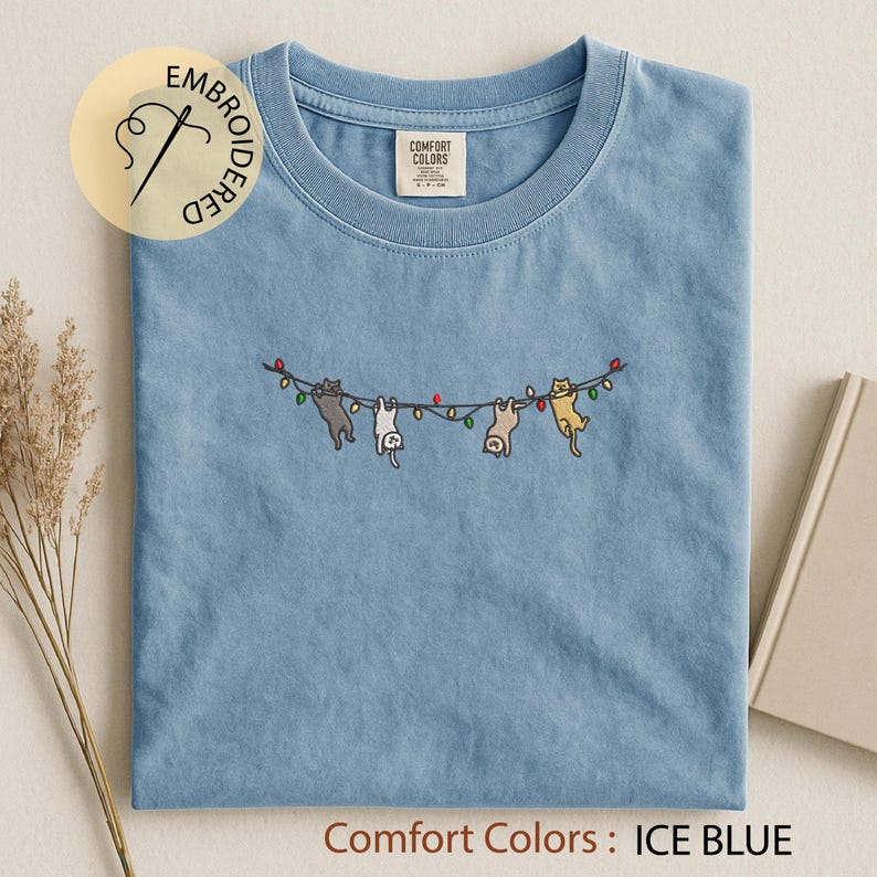 Cats Christmas Embroidered T-shirt - Cute Xmas Comfort Colors Tee - Cat Lover Gift