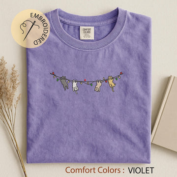 Cats Christmas Embroidered T-shirt - Cute Xmas Comfort Colors Tee - Cat Lover Gift