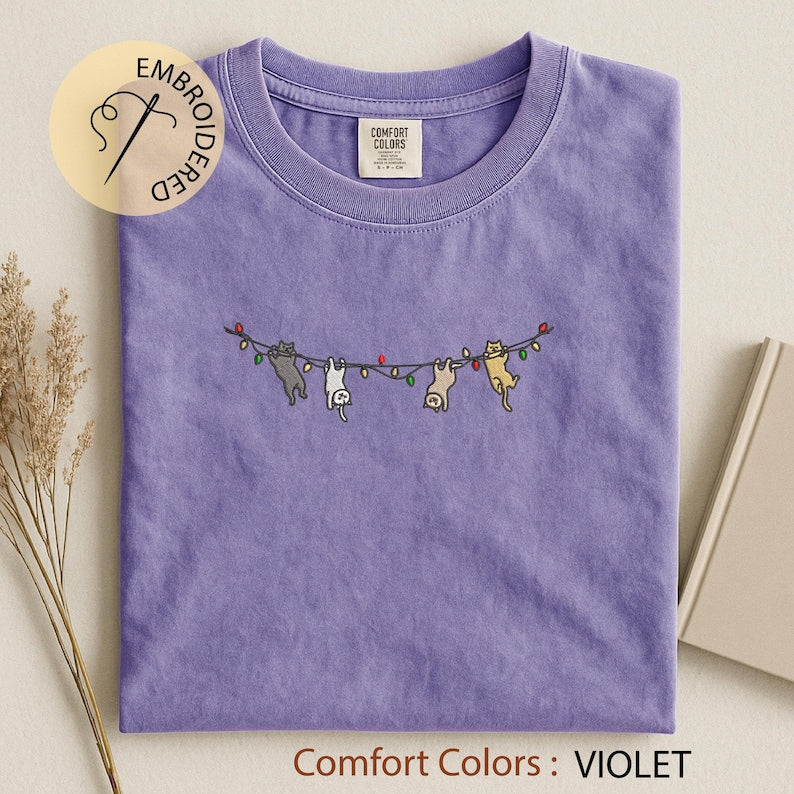 Cats Christmas Embroidered T-shirt - Cute Xmas Comfort Colors Tee - Cat Lover Gift