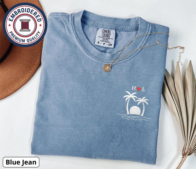 Custom Palm Tree Couple Embroidered T-Shirt with Roman Date & Initials, Ocean Sunset, Matching Comfort Colors Anniversary Shirts