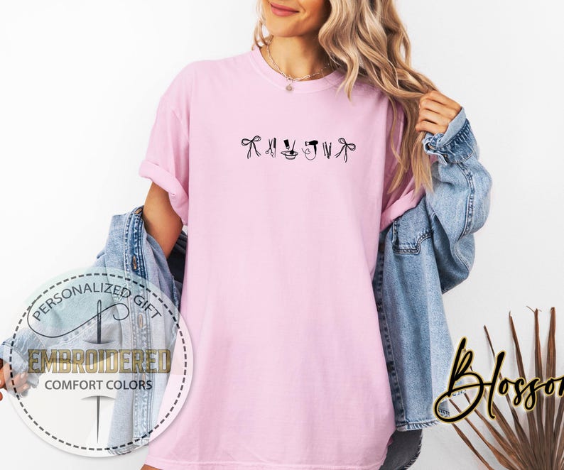 Embroidered Hair Stylist Icons Shirt, Comfort Colors T-shirt, Hairstylist Shirt, Salon Professional Gift, Ribbon Bow Scissors Dryer Tee