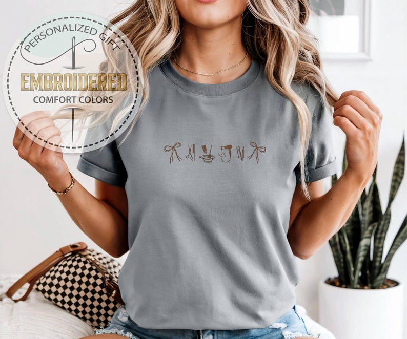 Embroidered Hair Stylist Icons Shirt, Comfort Colors T-shirt, Hairstylist Shirt, Salon Professional Gift, Ribbon Bow Scissors Dryer Tee