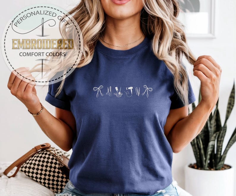 Embroidered Hair Stylist Icons Shirt, Comfort Colors T-shirt, Hairstylist Shirt, Salon Professional Gift, Ribbon Bow Scissors Dryer Tee