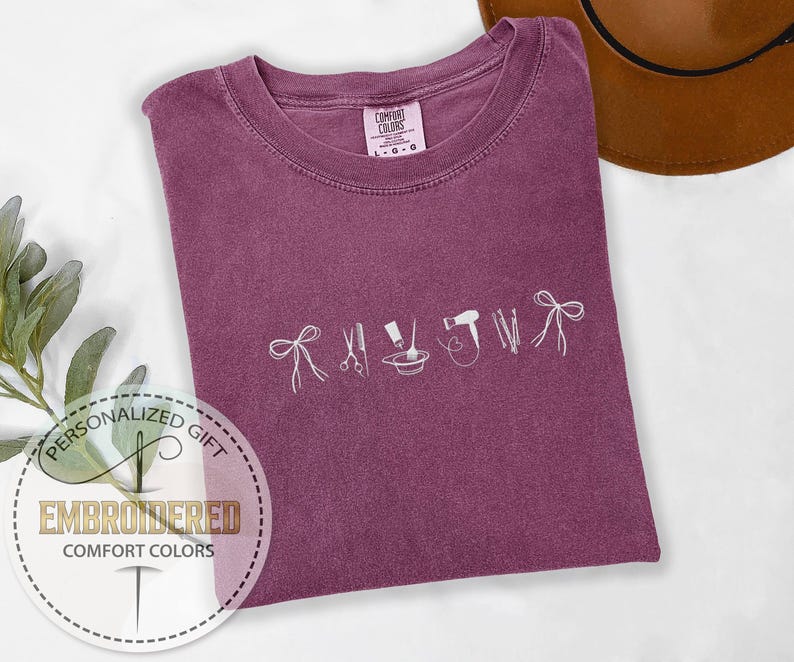 Embroidered Hair Stylist Icons Shirt, Comfort Colors T-shirt, Hairstylist Shirt, Salon Professional Gift, Ribbon Bow Scissors Dryer Tee