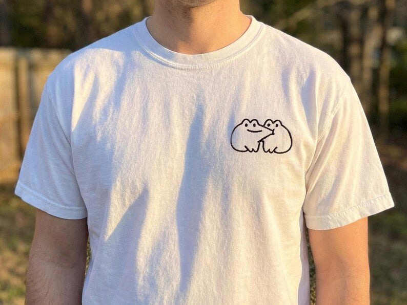 Playful Bite or Sweet Hug Frog Couple Embroidered T-Shirt, Cute Animal Love Shirt, Funny Valentine’s Day Gift
