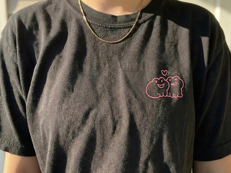 Playful Bite or Sweet Hug Frog Couple Embroidered T-Shirt, Cute Animal Love Shirt, Funny Valentine’s Day Gift