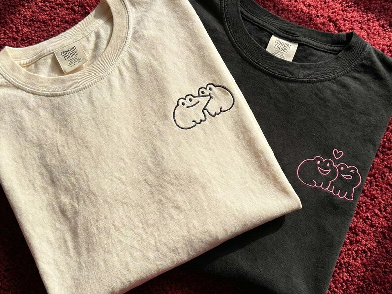 Playful Bite or Sweet Hug Frog Couple Embroidered T-Shirt, Cute Animal Love Shirt, Funny Valentine’s Day Gift