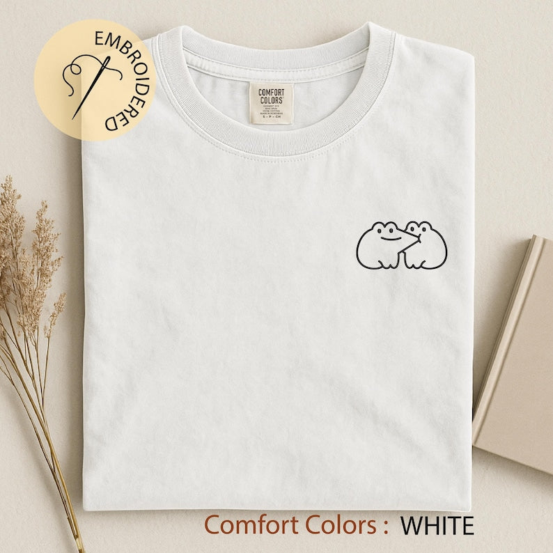 Playful Bite or Sweet Hug Frog Couple Embroidered T-Shirt, Cute Animal Love Shirt, Funny Valentine’s Day Gift