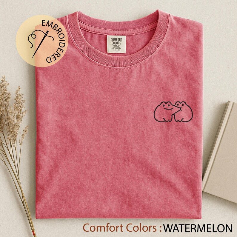 Playful Bite or Sweet Hug Frog Couple Embroidered T-Shirt, Cute Animal Love Shirt, Funny Valentine’s Day Gift