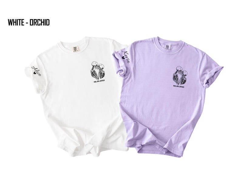 Custom Matching Skeleton Couple Shirt, Comfort Colors® Personalized Halloween Tee, Initial & Name on Sleeve, Funny Valentine Skull Lover Tee