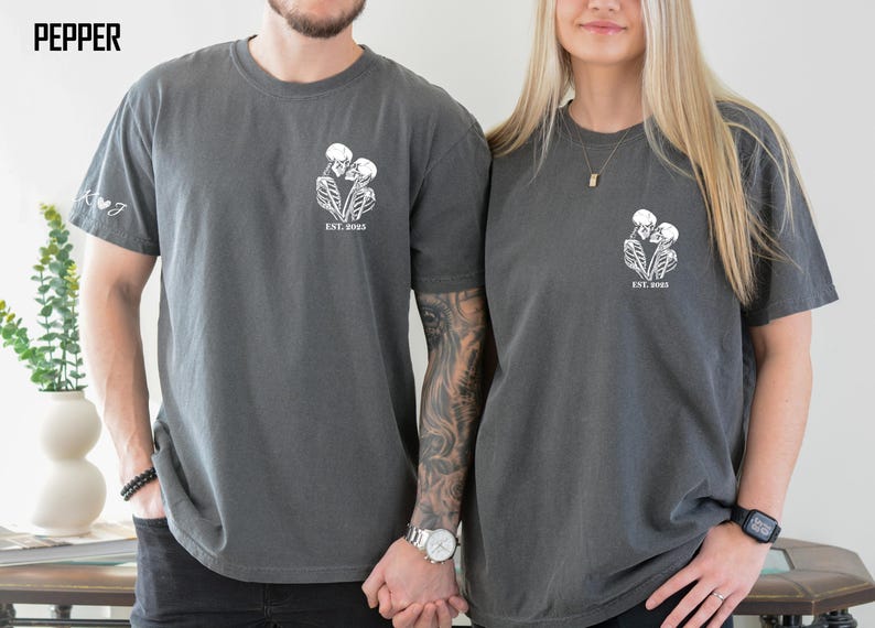 Custom Matching Skeleton Couple Shirt, Comfort Colors® Personalized Halloween Tee, Initial & Name on Sleeve, Funny Valentine Skull Lover Tee