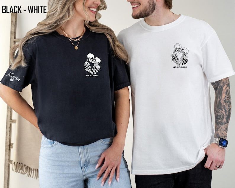 Custom Matching Skeleton Couple Shirt, Comfort Colors® Personalized Halloween Tee, Initial & Name on Sleeve, Funny Valentine Skull Lover Tee