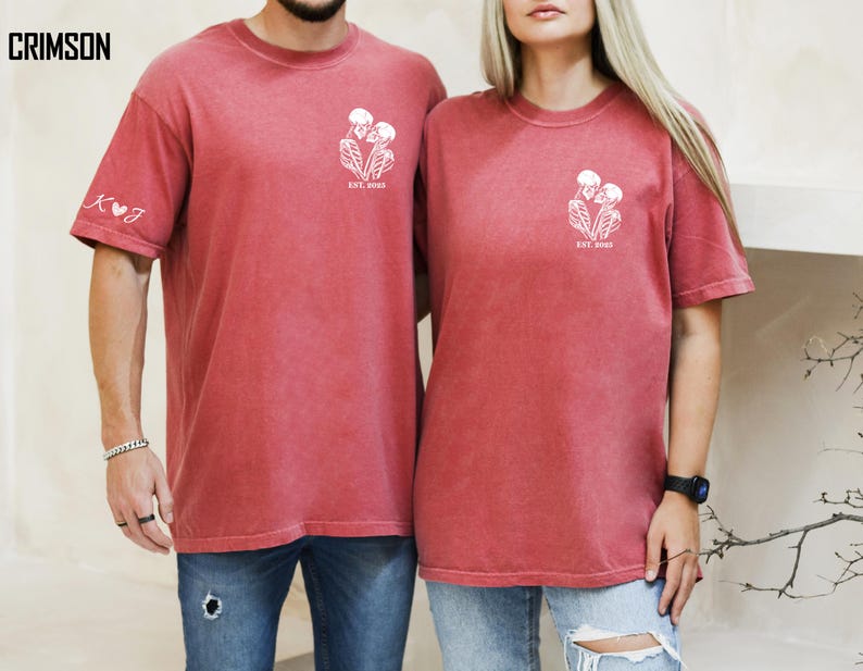 Custom Matching Skeleton Couple Shirt, Comfort Colors® Personalized Halloween Tee, Initial & Name on Sleeve, Funny Valentine Skull Lover Tee