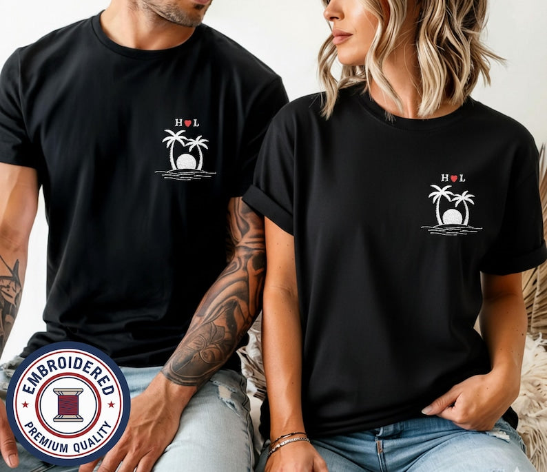 Custom Palm Tree Couple Embroidered T-Shirt with Roman Date & Initials, Ocean Sunset, Matching Comfort Colors Anniversary Shirts