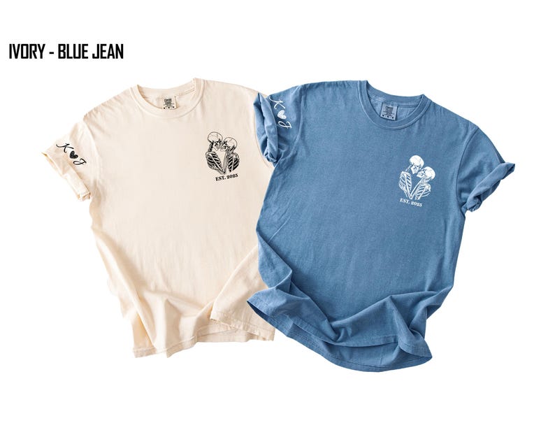 Custom Matching Skeleton Couple Shirt, Comfort Colors® Personalized Halloween Tee, Initial & Name on Sleeve, Funny Valentine Skull Lover Tee