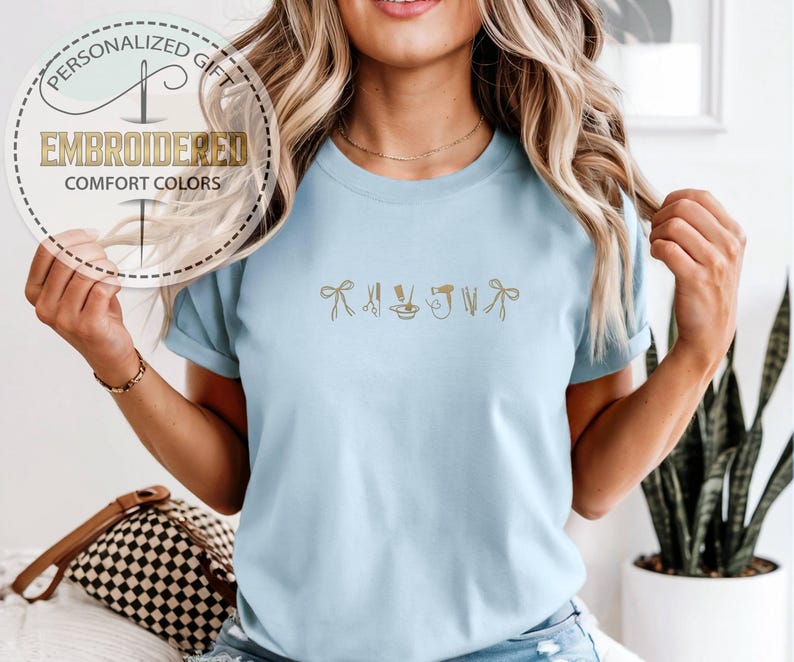 Embroidered Hair Stylist Icons Shirt, Comfort Colors T-shirt, Hairstylist Shirt, Salon Professional Gift, Ribbon Bow Scissors Dryer Tee