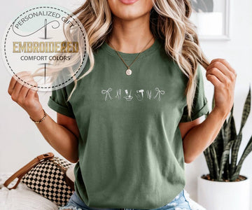 Embroidered Hair Stylist Icons Shirt, Comfort Colors T-shirt, Hairstylist Shirt, Salon Professional Gift, Ribbon Bow Scissors Dryer Tee