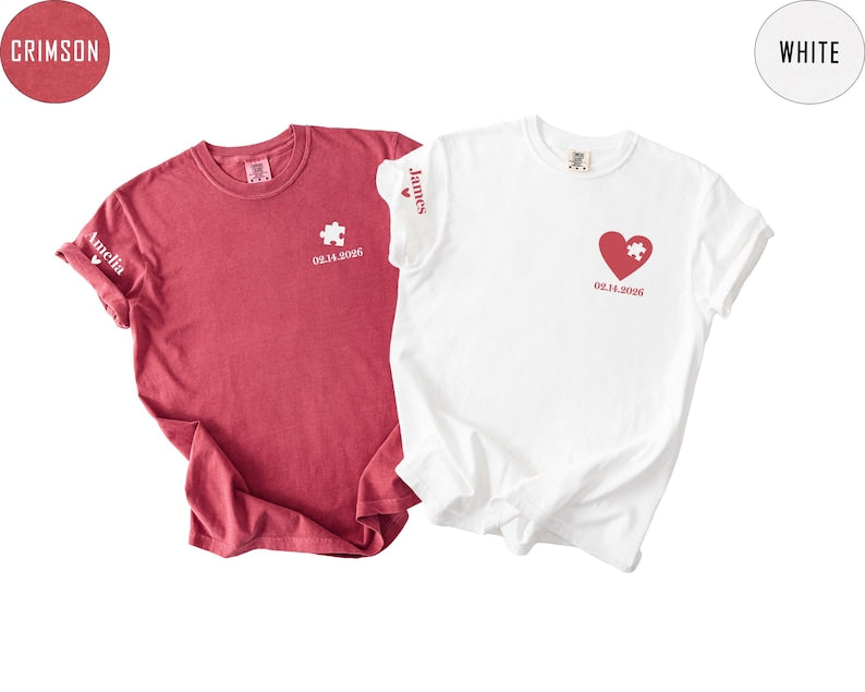 Custom Heart and Puzzle Piece Shirt, Comfort Colors® Couple Matching T-shirt, Heart Custom Shirt, Valentines Day Gift, Anniversary Gift