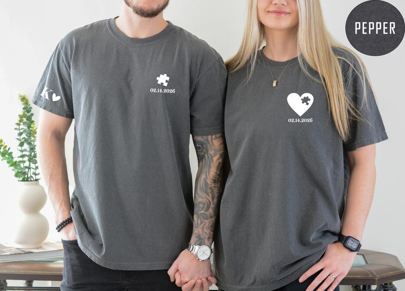 Custom Heart and Puzzle Piece Shirt, Comfort Colors® Couple Matching T-shirt, Heart Custom Shirt, Valentines Day Gift, Anniversary Gift
