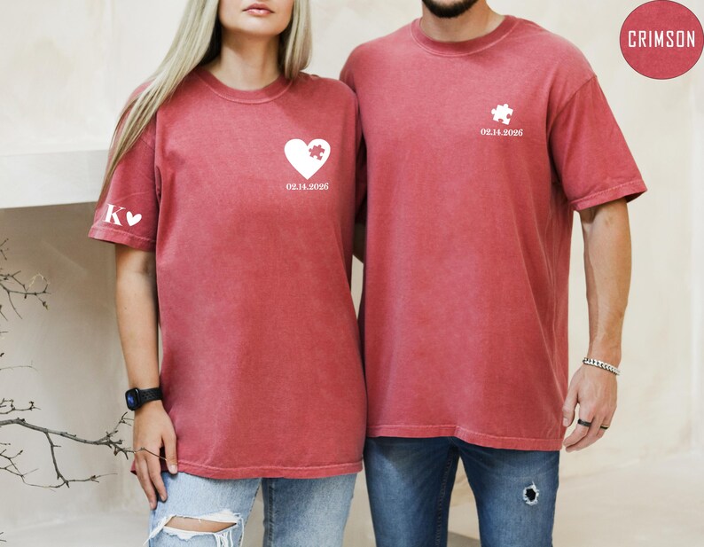 Custom Heart and Puzzle Piece Shirt, Comfort Colors® Couple Matching T-shirt, Heart Custom Shirt, Valentines Day Gift, Anniversary Gift