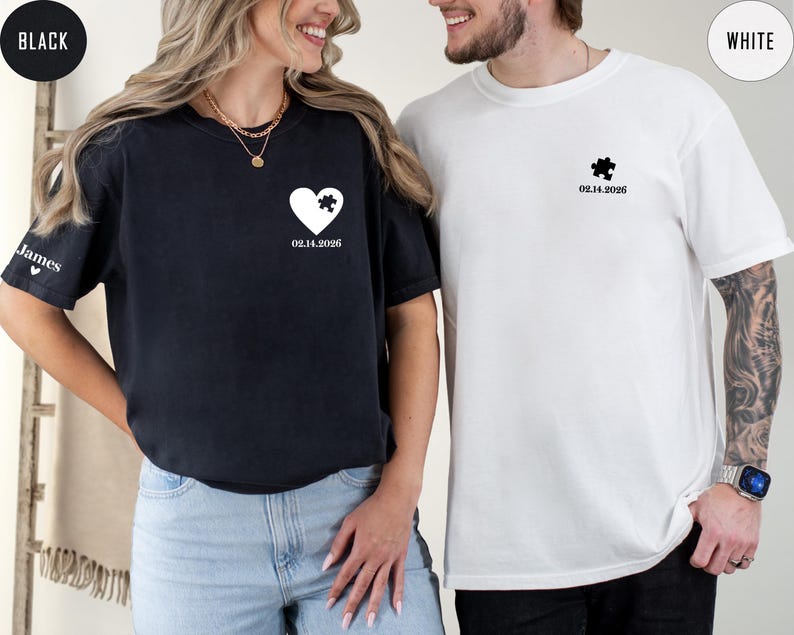 Custom Heart and Puzzle Piece Shirt, Comfort Colors® Couple Matching T-shirt, Heart Custom Shirt, Valentines Day Gift, Anniversary Gift