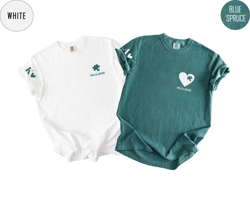 Custom Heart and Puzzle Piece Shirt, Comfort Colors® Couple Matching T-shirt, Heart Custom Shirt, Valentines Day Gift, Anniversary Gift