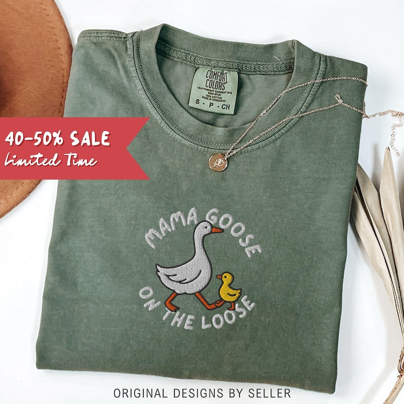 Embroidered Mama Goose Comfort Colors Shirt, New Mom Gift - F-13-Center