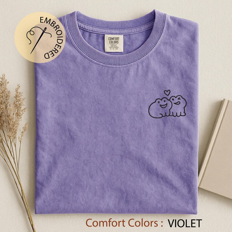 Playful Bite or Sweet Hug Frog Couple Embroidered T-Shirt, Cute Animal Love Shirt, Funny Valentine’s Day Gift