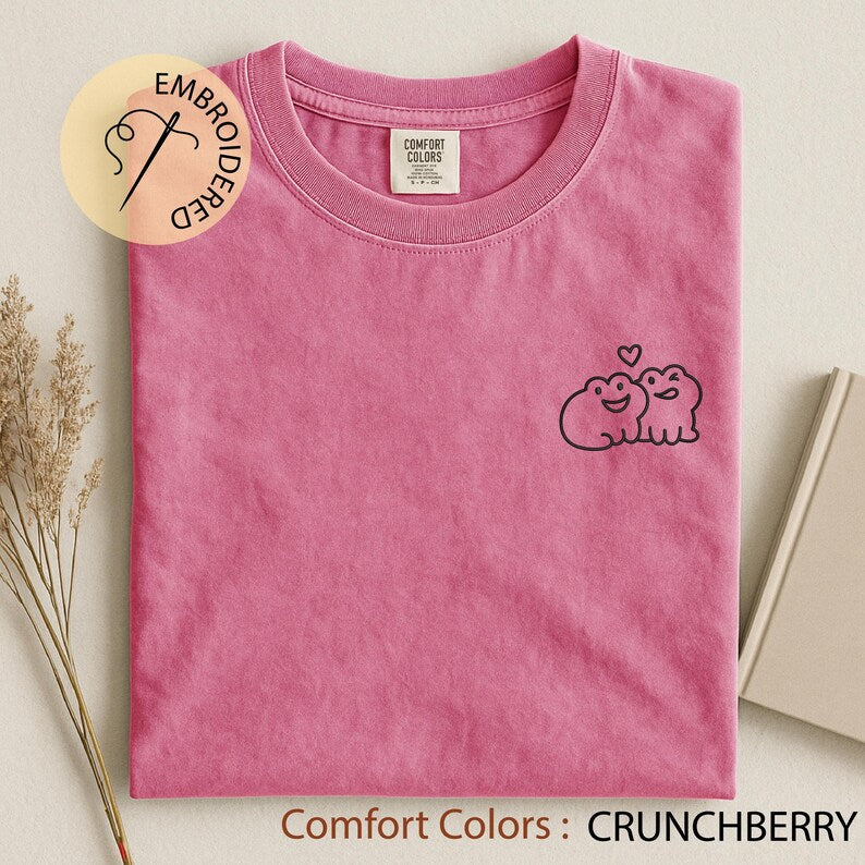 Playful Bite or Sweet Hug Frog Couple Embroidered T-Shirt, Cute Animal Love Shirt, Funny Valentine’s Day Gift