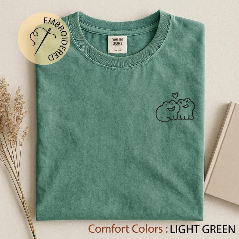 Playful Bite or Sweet Hug Frog Couple Embroidered T-Shirt, Cute Animal Love Shirt, Funny Valentine’s Day Gift
