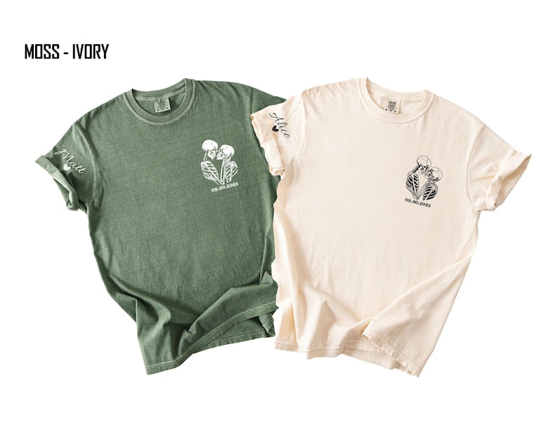 Custom Matching Skeleton Couple Shirt, Comfort Colors® Personalized Halloween Tee, Initial & Name on Sleeve, Funny Valentine Skull Lover Tee