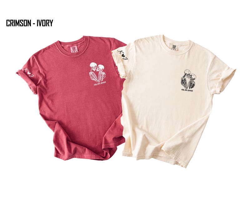 Custom Matching Skeleton Couple Shirt, Comfort Colors® Personalized Halloween Tee, Initial & Name on Sleeve, Funny Valentine Skull Lover Tee