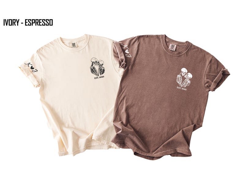 Custom Matching Skeleton Couple Shirt, Comfort Colors® Personalized Halloween Tee, Initial & Name on Sleeve, Funny Valentine Skull Lover Tee