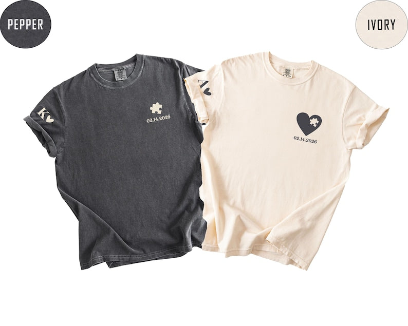 Custom Heart and Puzzle Piece Shirt, Comfort Colors® Couple Matching T-shirt, Heart Custom Shirt, Valentines Day Gift, Anniversary Gift