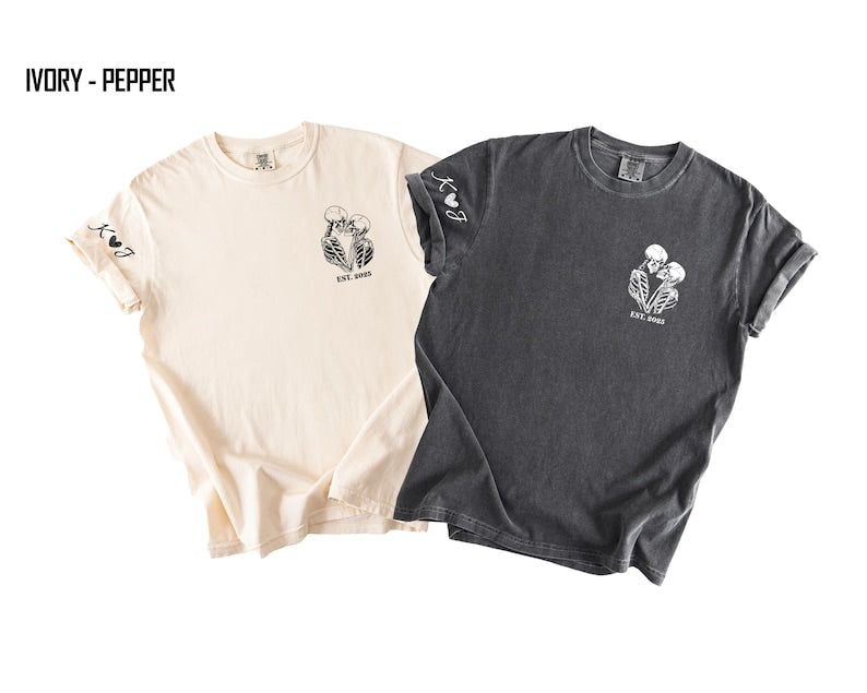 Custom Matching Skeleton Couple Shirt, Comfort Colors® Personalized Halloween Tee, Initial & Name on Sleeve, Funny Valentine Skull Lover Tee