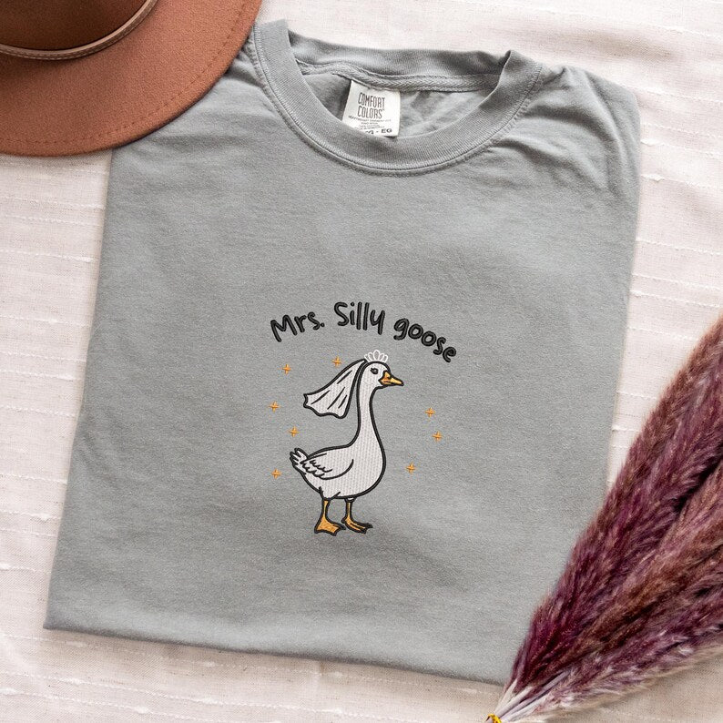 Comfort Colors Shirt, Embroidery Mrs Silly Goose Shirt, Funny Goose Shirt, Married Couple Matching Shirt, Bride Shirt, Wedding Gift Shirt