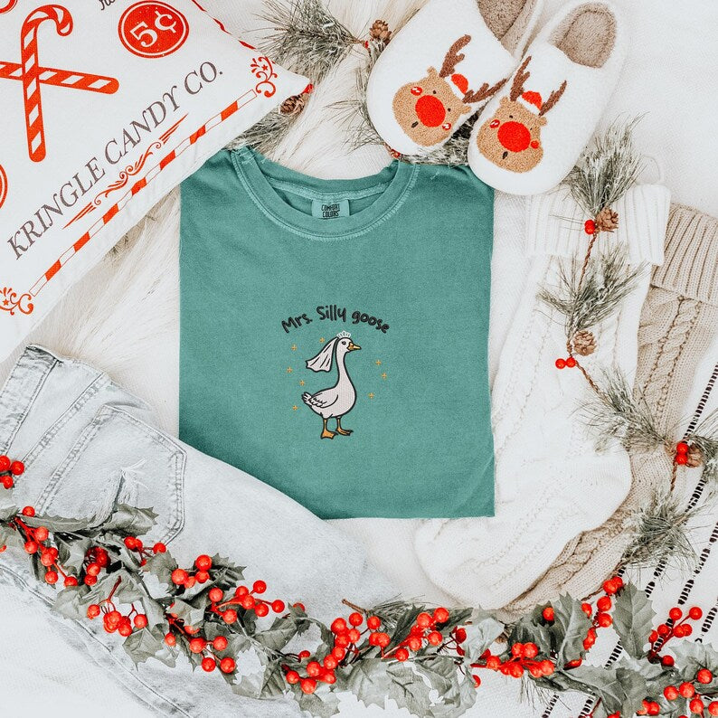Comfort Colors Shirt, Embroidery Mrs Silly Goose Shirt, Funny Goose Shirt, Married Couple Matching Shirt, Bride Shirt, Wedding Gift Shirt