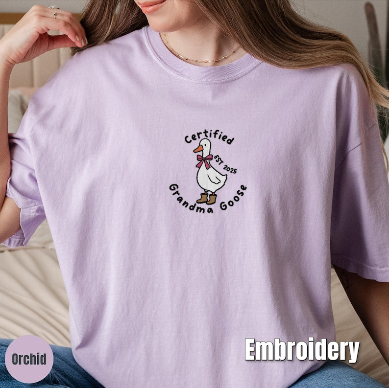 Custom embroidered grandparent Comfort Colors shirt, Certified Grandma Goose tee, Christmas gift for new grandma or grandpa