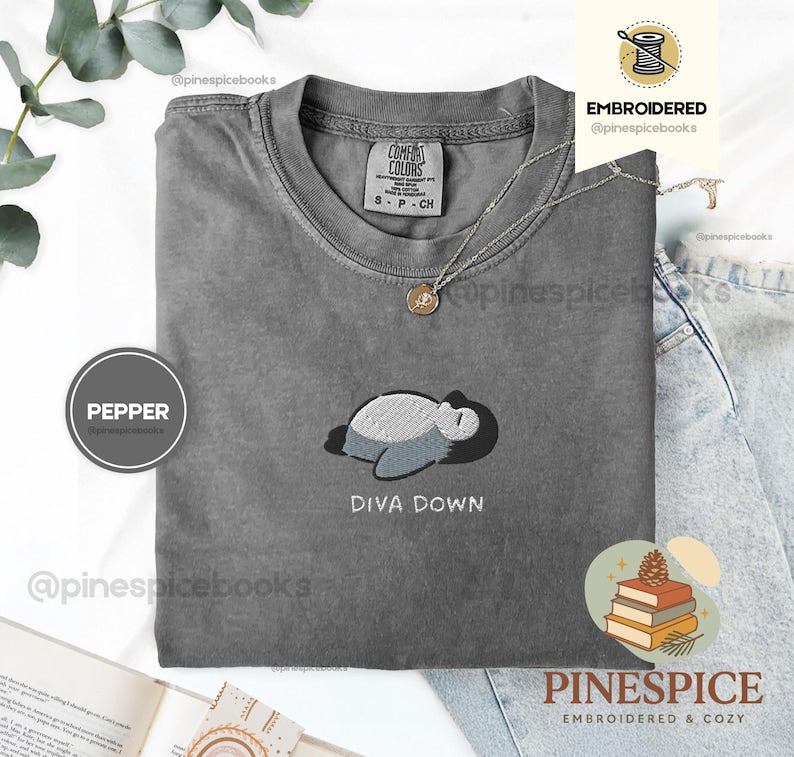 Diva Down Penguin T-Shirt, Funny Penguin Embroidered Tee, Cute Animal Shirt, Comfort Colors T-Shirt