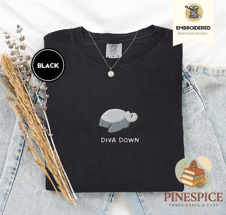 Diva Down Penguin T-Shirt, Funny Penguin Embroidered Tee, Cute Animal Shirt, Comfort Colors T-Shirt