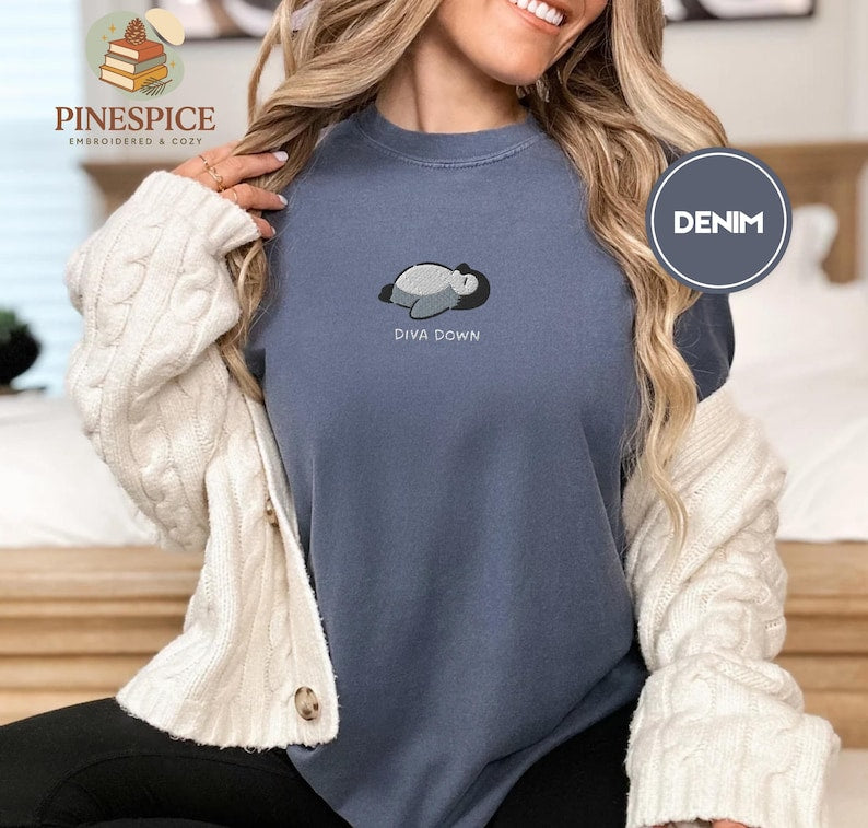 Diva Down Penguin T-Shirt, Funny Penguin Embroidered Tee, Cute Animal Shirt, Comfort Colors T-Shirt