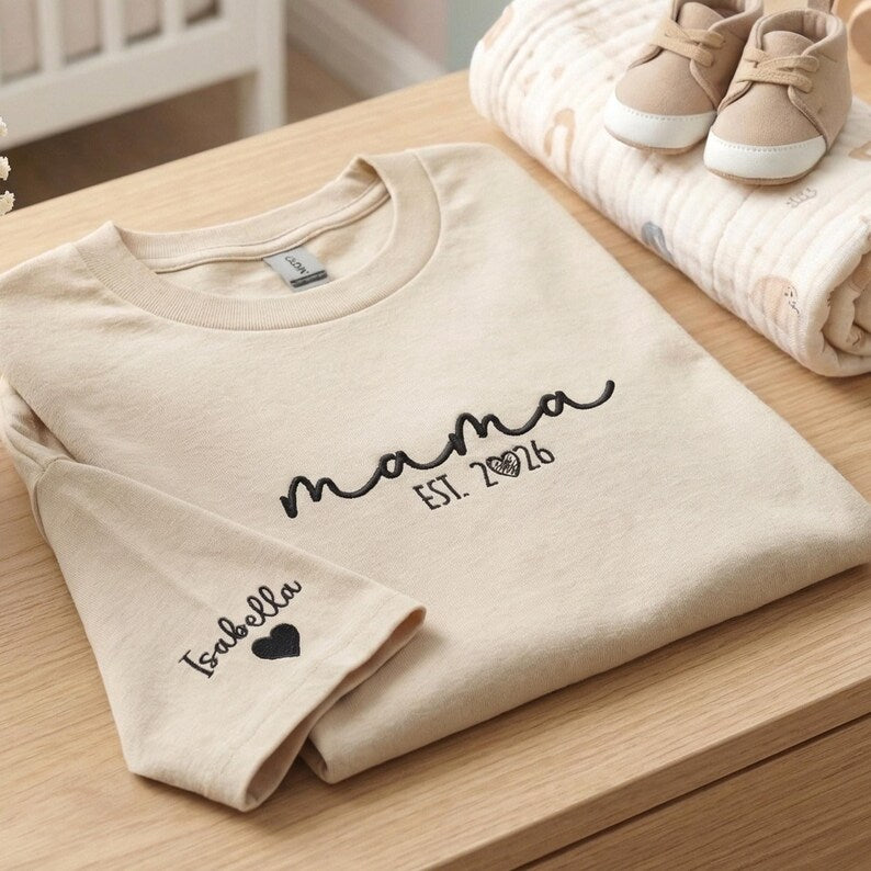 Custom Embroidered First Mother’s Day Shirt for Mom, Mama Shirt With Kids Names, New Mom Gift from Baby